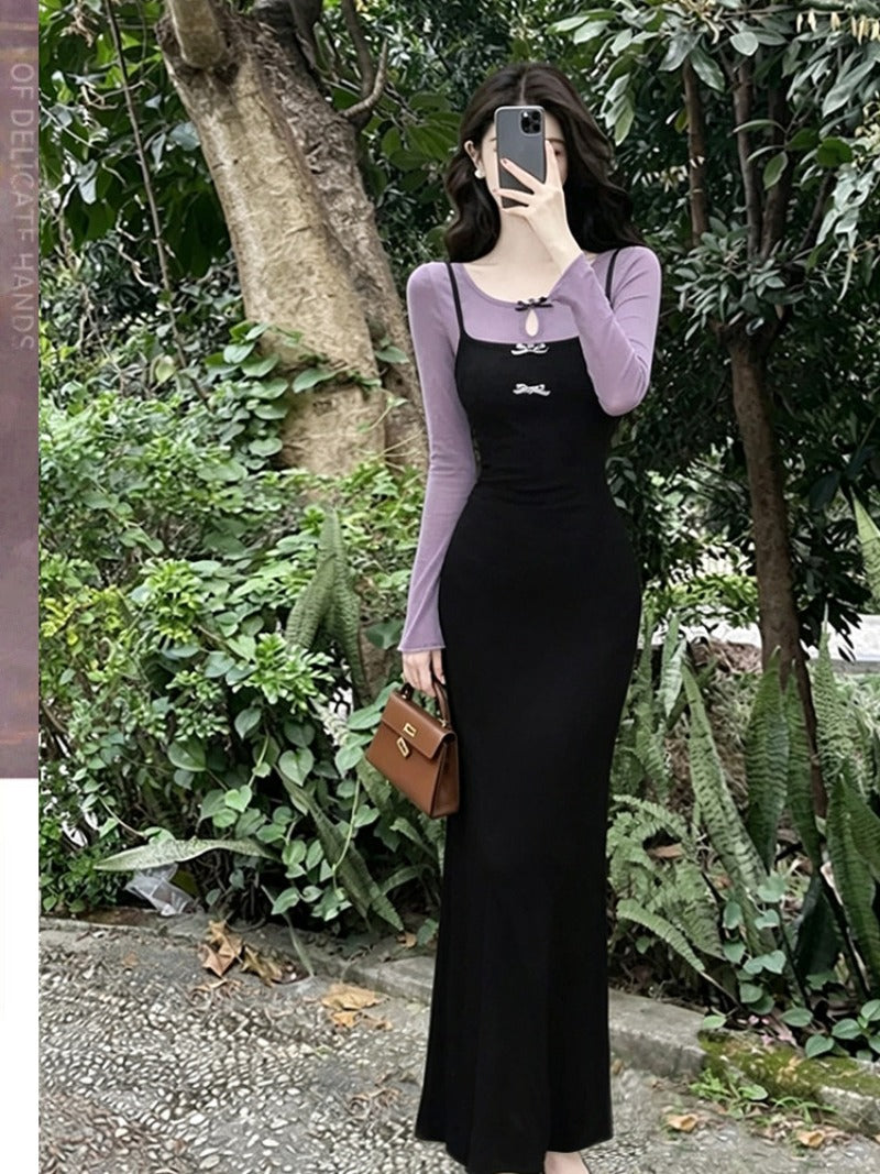 French Bow Long Sleeve Bodycon Maxi Dress Set