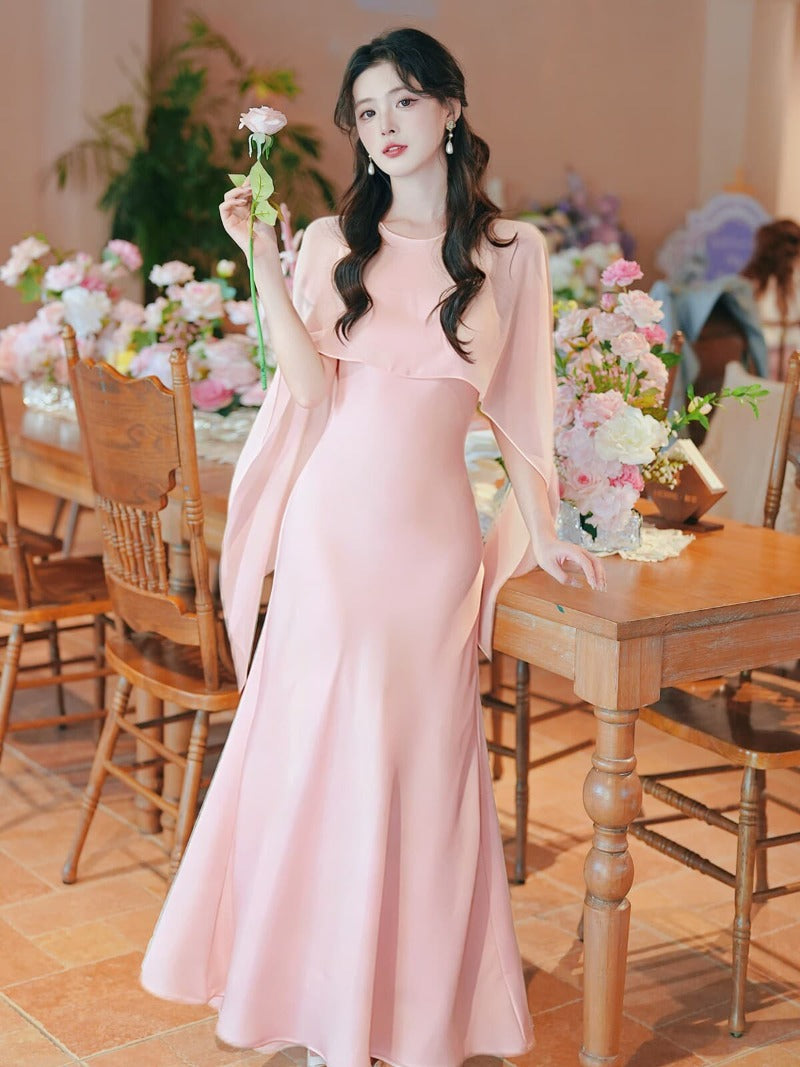 Elegant Round Neck Cape Overlay Mermaid Maxi Dress