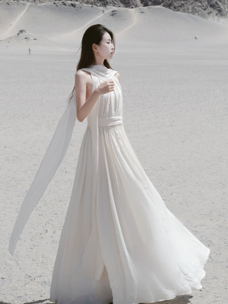 Desert Goddess Apricot Scarf Halter Backless Maxi Dress