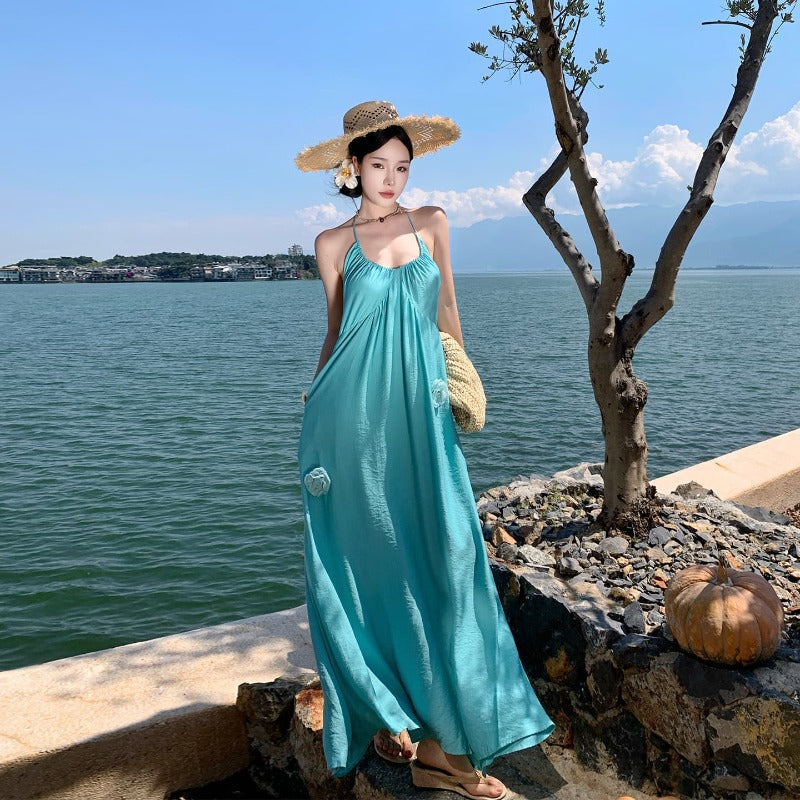 Halter Neck Backless Rosette A-Line Maxi Dress