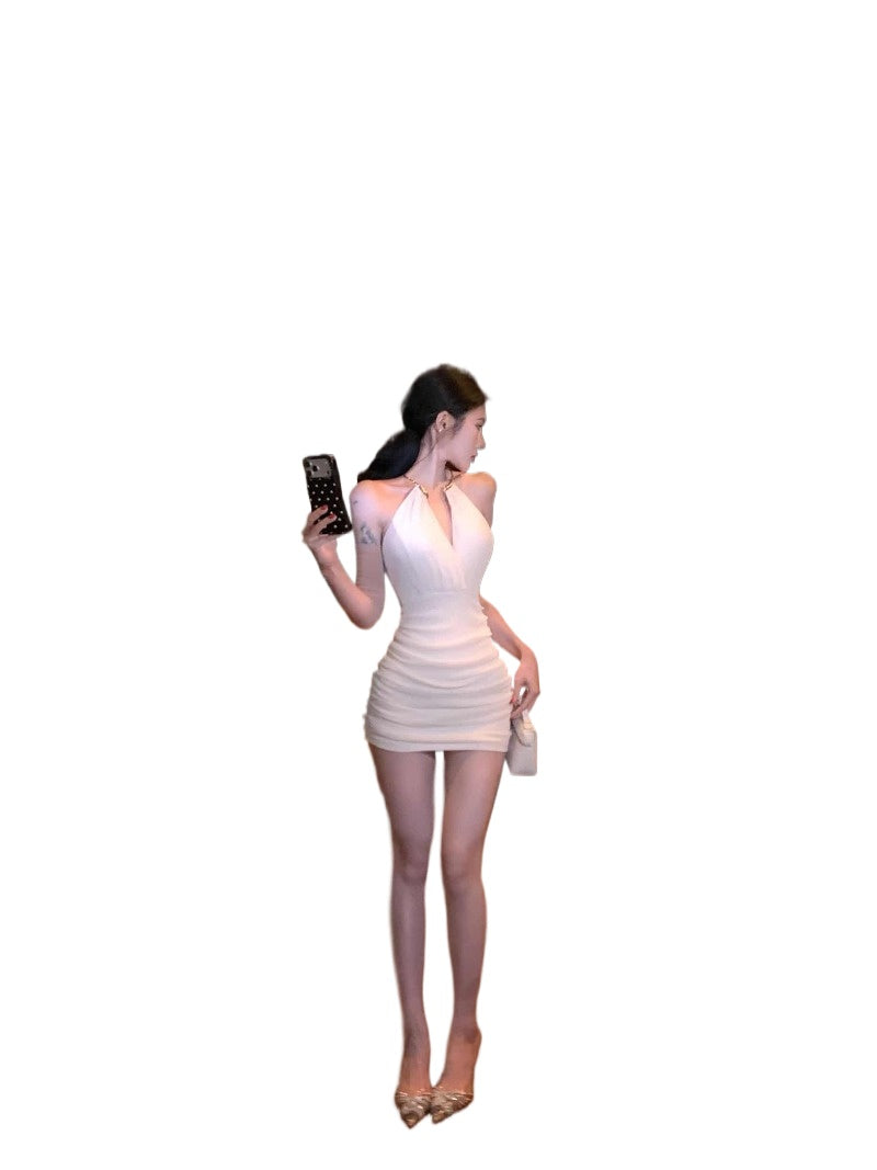 White/Black Halter Ruched Bodycon Mini Dress