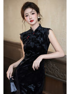 Vintage Black Velvet Mandarin Collar Side Slit Maxi Dress