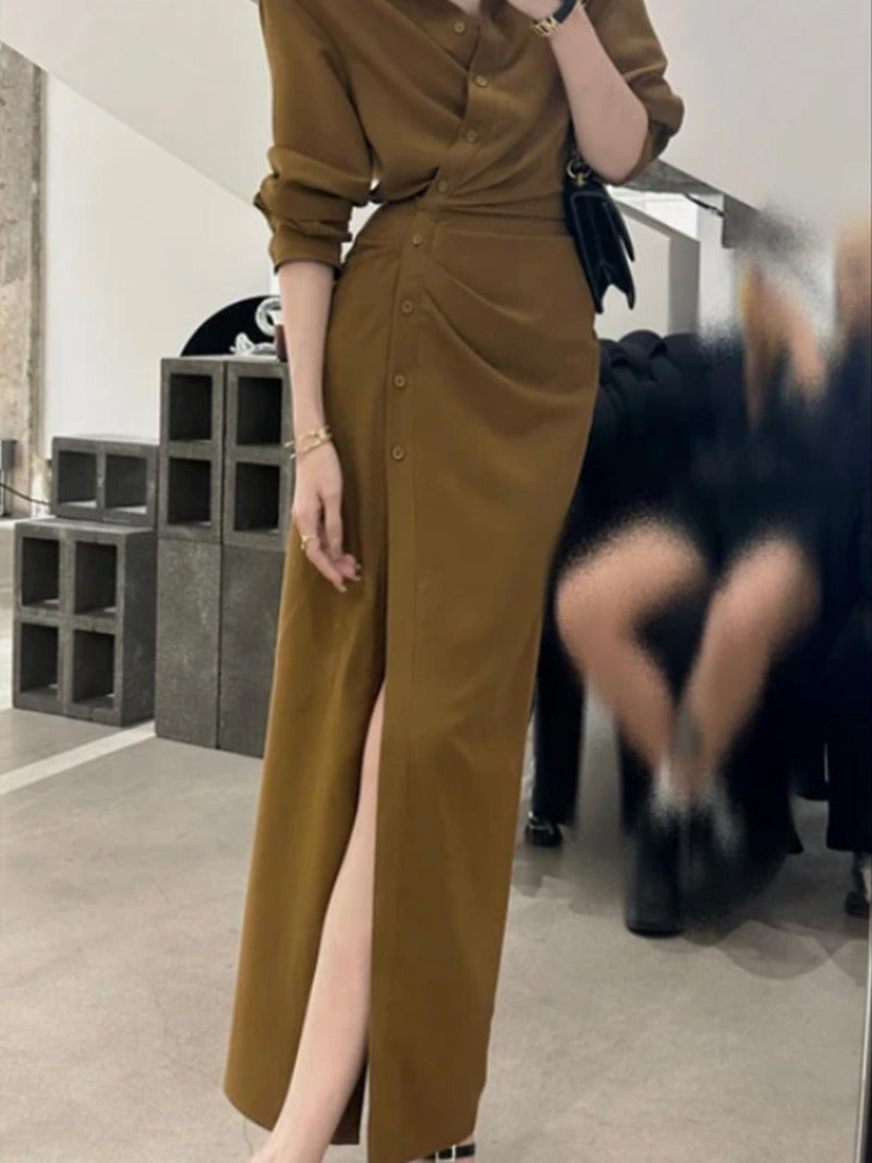 Black/Brown Collared Button Front Slit Shirt Maxi Dress