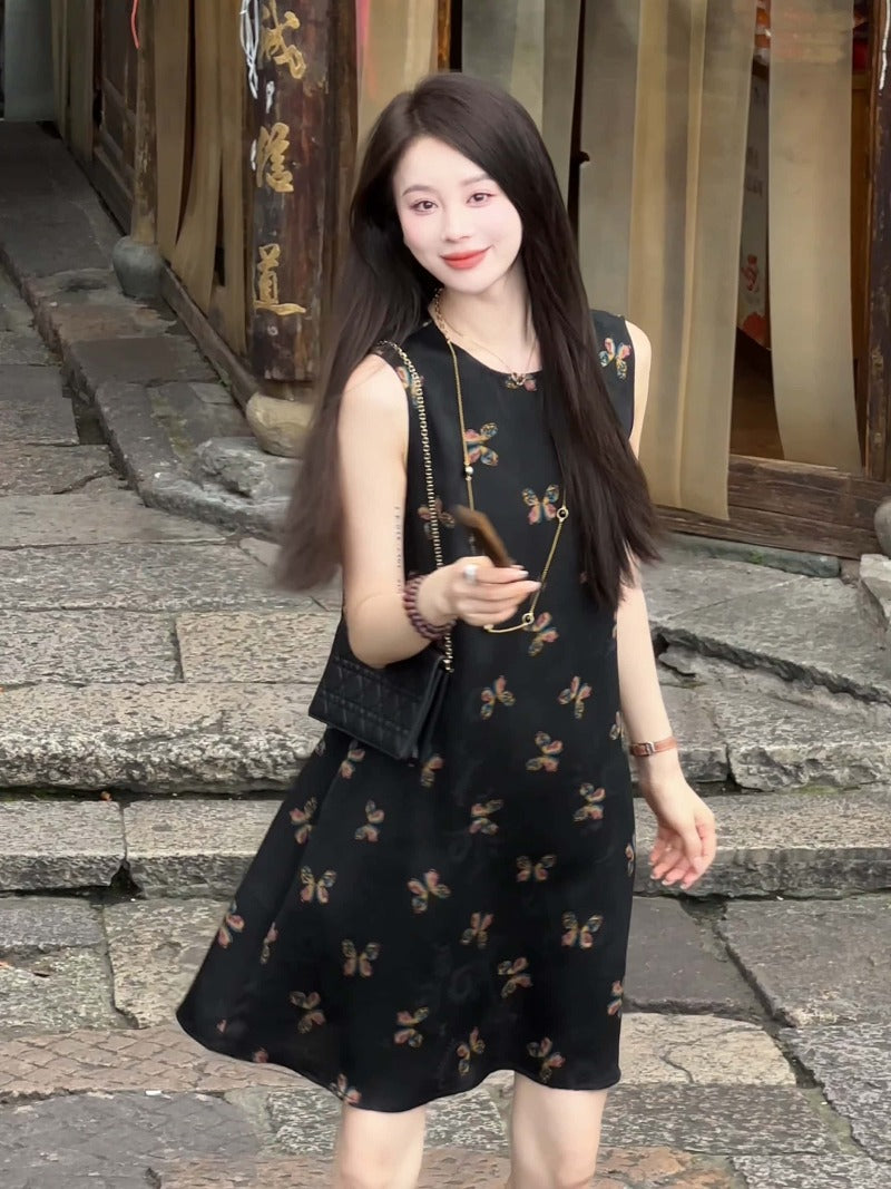 Black Butterfly Print Silk Organza Sleeveless Midi Dress