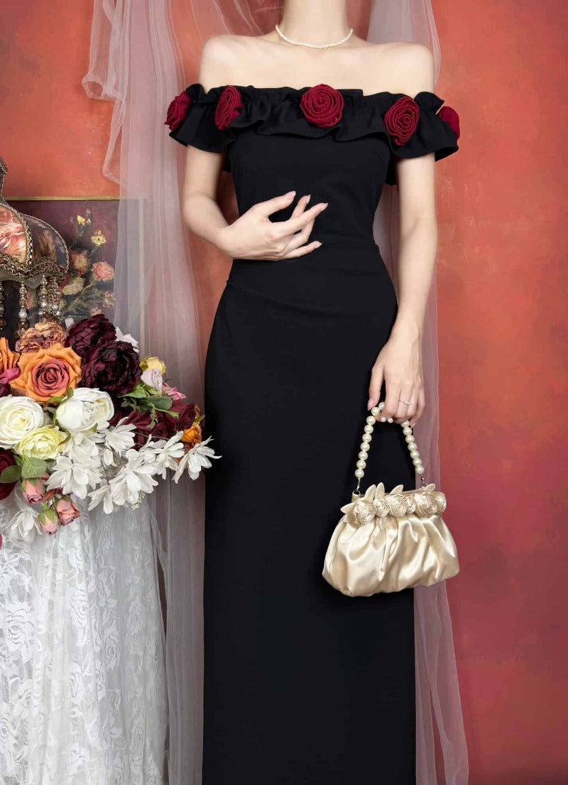 Off Shoulder Rose Appliqué Slit Maxi Dress