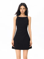 Black Straight Neck Sleeveless A-Line Mini Dress