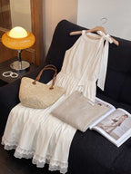 Coastal Ease Ivory Embroidered Halter Tiered Maxi Dress