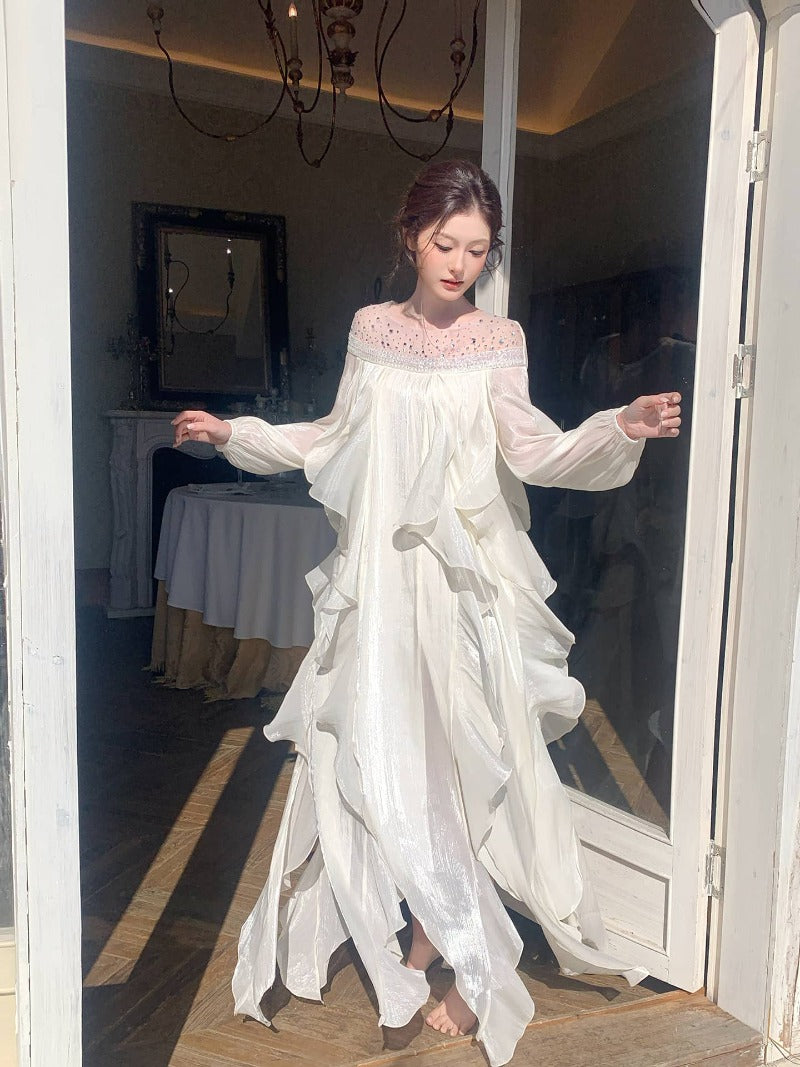 Ivory Sequin-Embellished Off-Shoulder Ruffle Maxi Dress