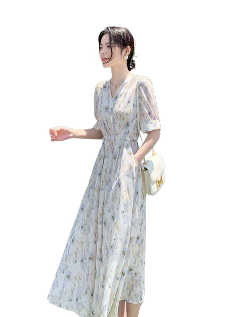 Soft Floral V-Neck Puff Sleeve A-Line Maxi Dress