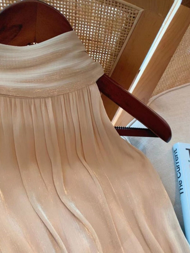 Champagne Halter Pleated Fringe A-Line Mini Dress
