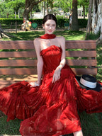 Rose Strapless Floral Ruffle Fit-and-Flare Maxi Dress