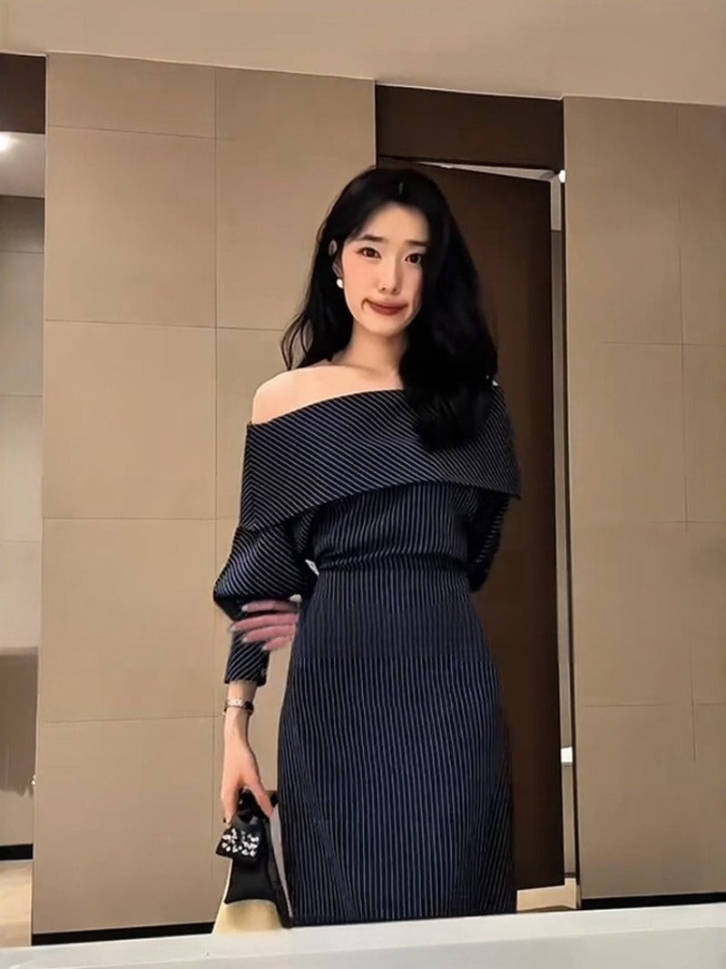 Off-Shoulder Pinstripe Long Sleeve Maxi Dress