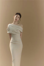 Asymmetric One Shoulder Draped Bodycon Midi Dress