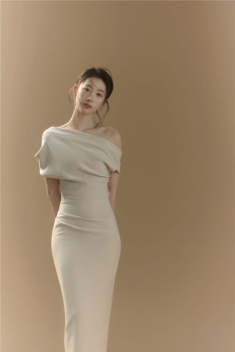 Asymmetric One Shoulder Draped Bodycon Midi Dress