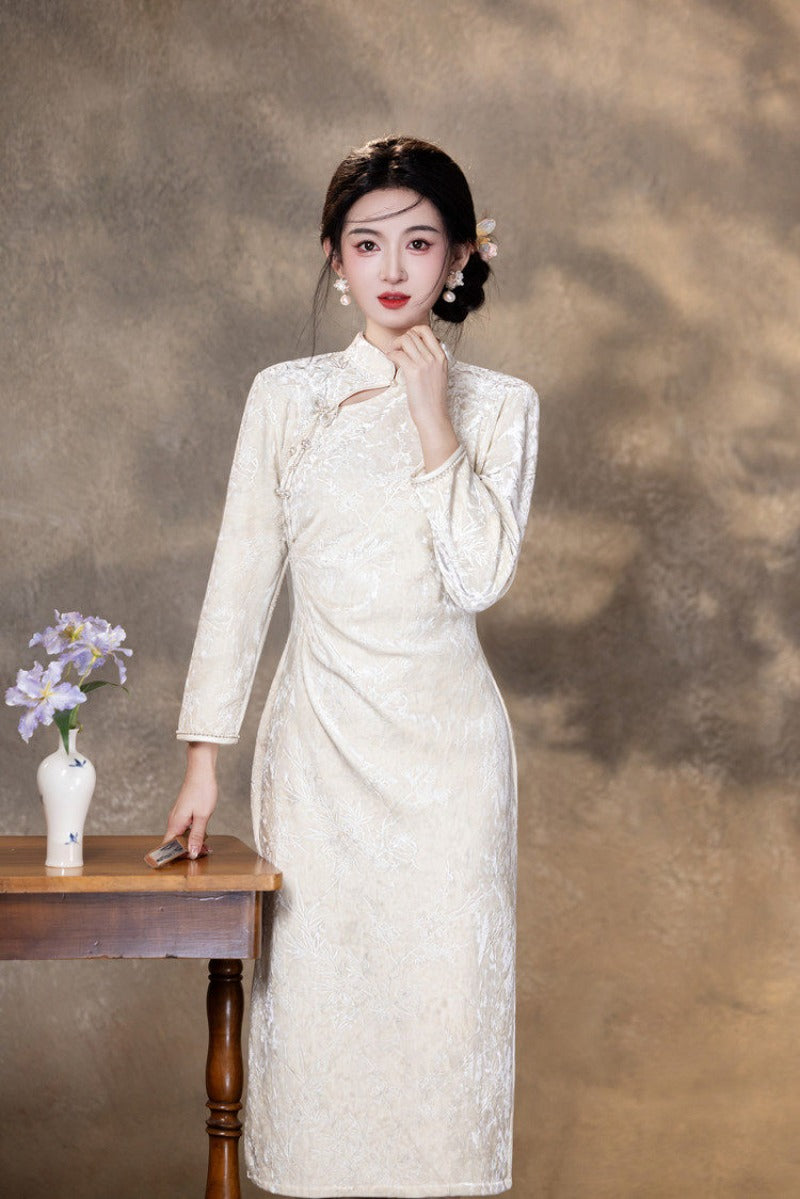 Embossed Velvet Mandarin Collar Sheath Midi Dress