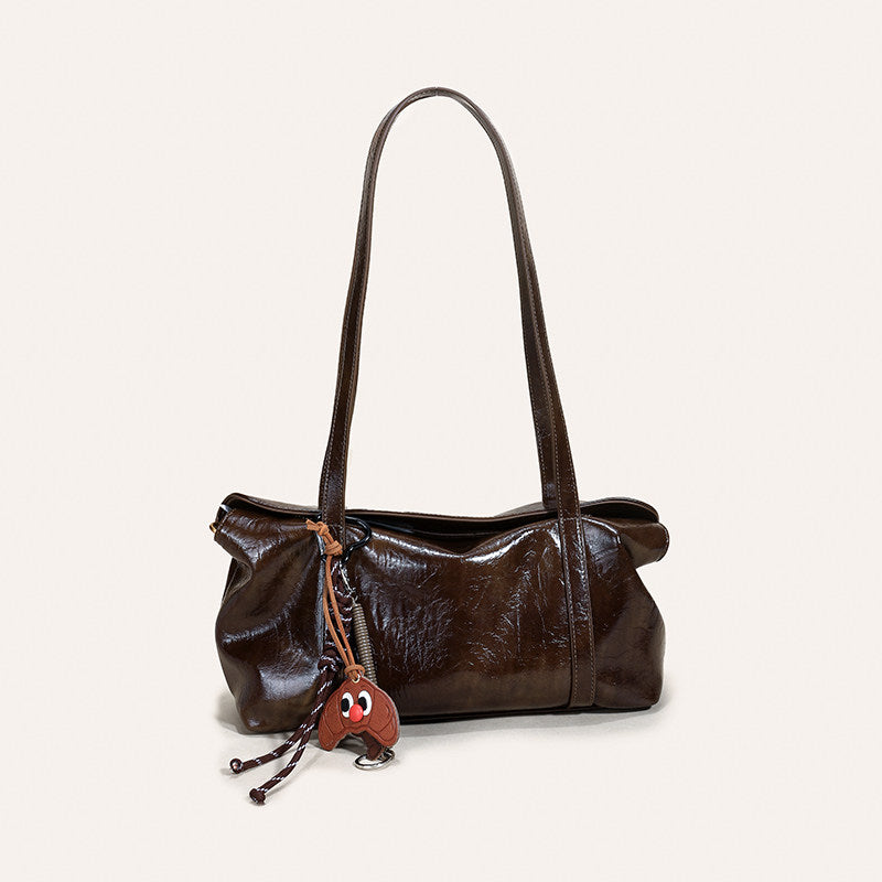 Retro Glossy Leather Shoulder Bag with Charm