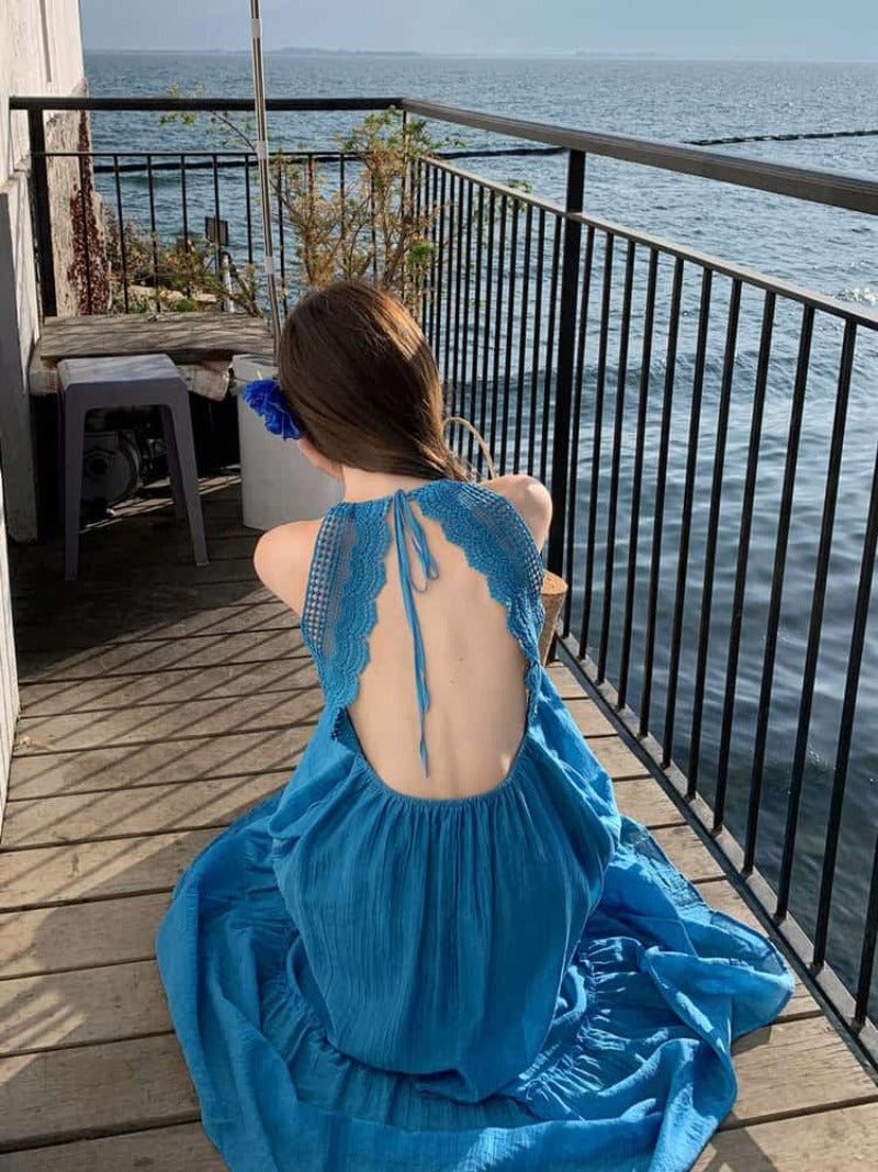 Lace Back Halter A-Line Maxi Dress