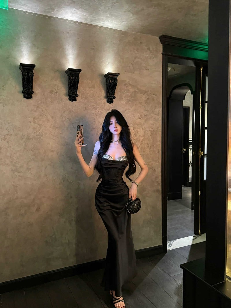 Black Strapless Sequin Bustier Mermaid Maxi Dress