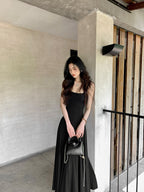 Black Backless Spaghetti Strap Tie Waist A-Line Maxi Dress