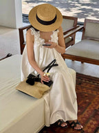White Floral Trim Round Neck Sleeveless Relaxed A-Line Maxi Dress