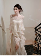 Ivory Sequin-Embellished Off-Shoulder Ruffle Maxi Dress
