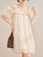 Ivory Off Shoulder Organza Ruffle Shift Mini Dress