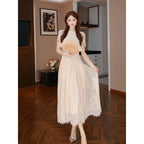 Apricot Lace Round Neck Short Sleeve A-Line Midi Dress