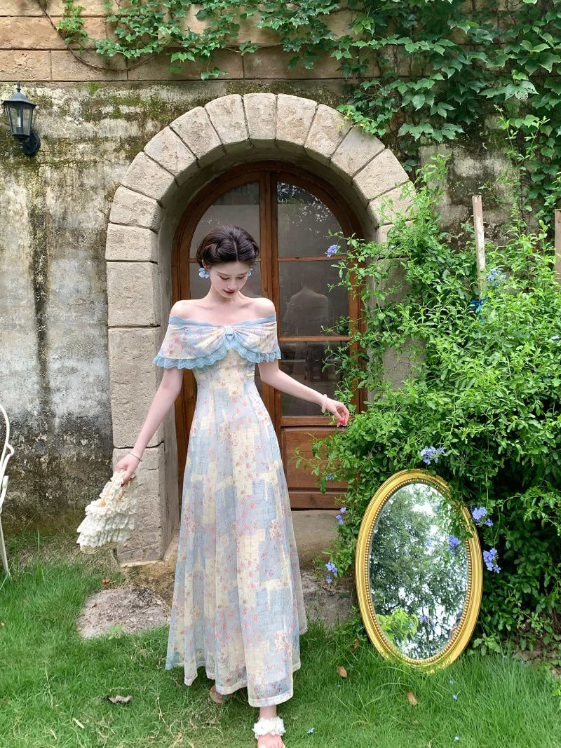 Blue Floral Off Shoulder Bow A-Line Maxi Dress