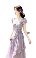 Purple Lace Trim Sweetheart Puff Sleeve A-Line Midi Dress
