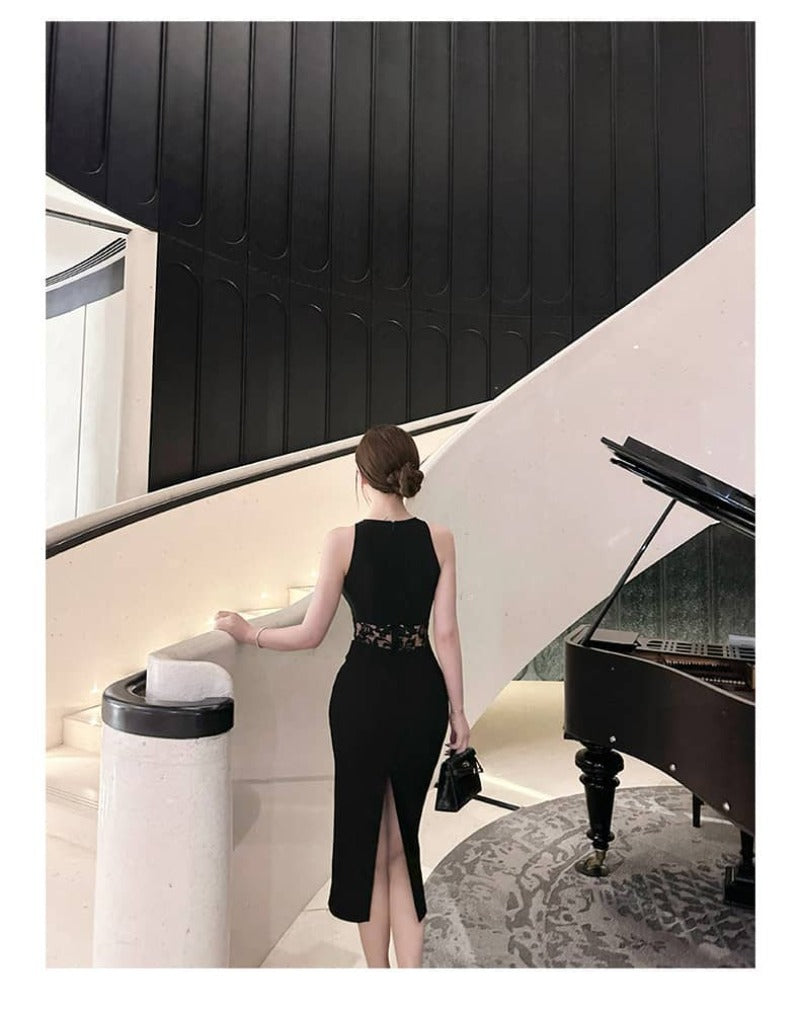 Black Round Neck Lace Waist Sleeveless Bodycon Midi Dress