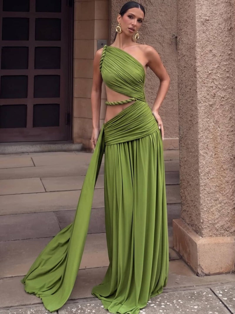 Sultry Ruched One Shoulder Cutout Maxi Dress