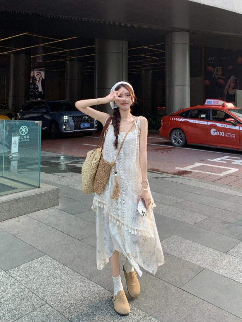 Lace Overlay Tassel Trim Asymmetric Hem Cami Midi Dress
