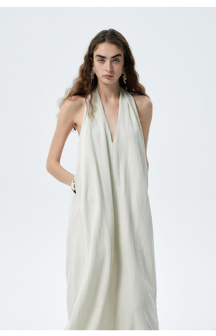 Flowy Halter V - Neck Maxi Dress with Pockets - EveningVerse - 2