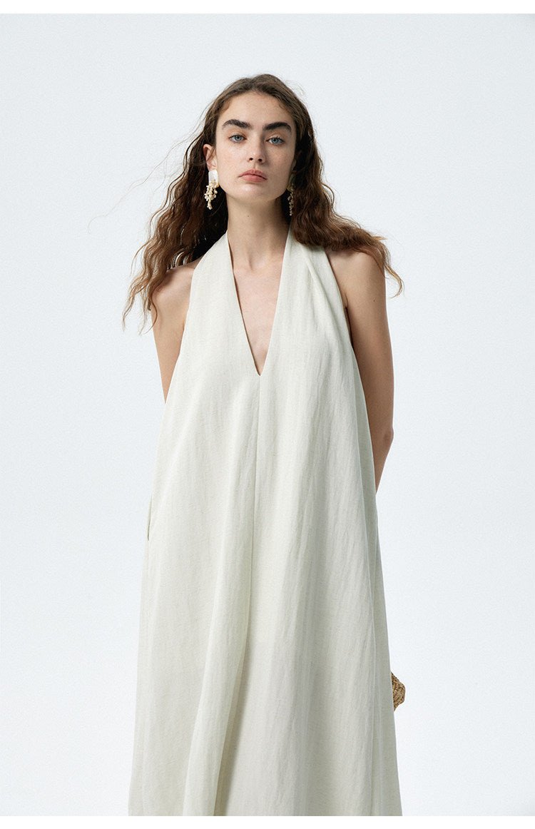 Flowy Halter V - Neck Maxi Dress with Pockets - EveningVerse - 1