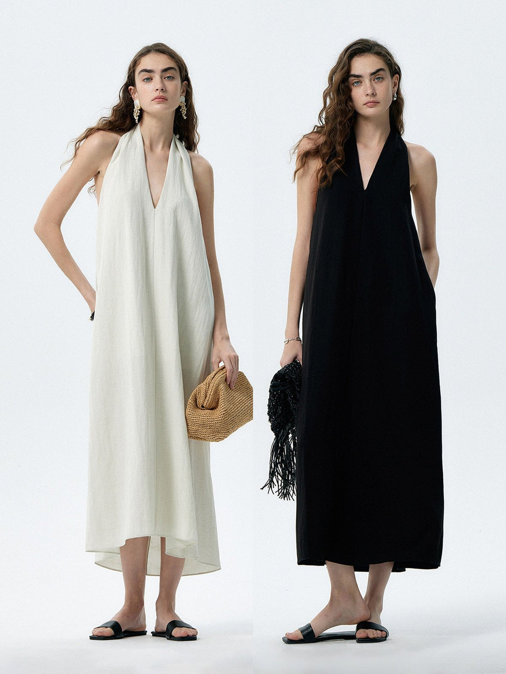 Flowy Halter V - Neck Maxi Dress with Pockets - EveningVerse - 10