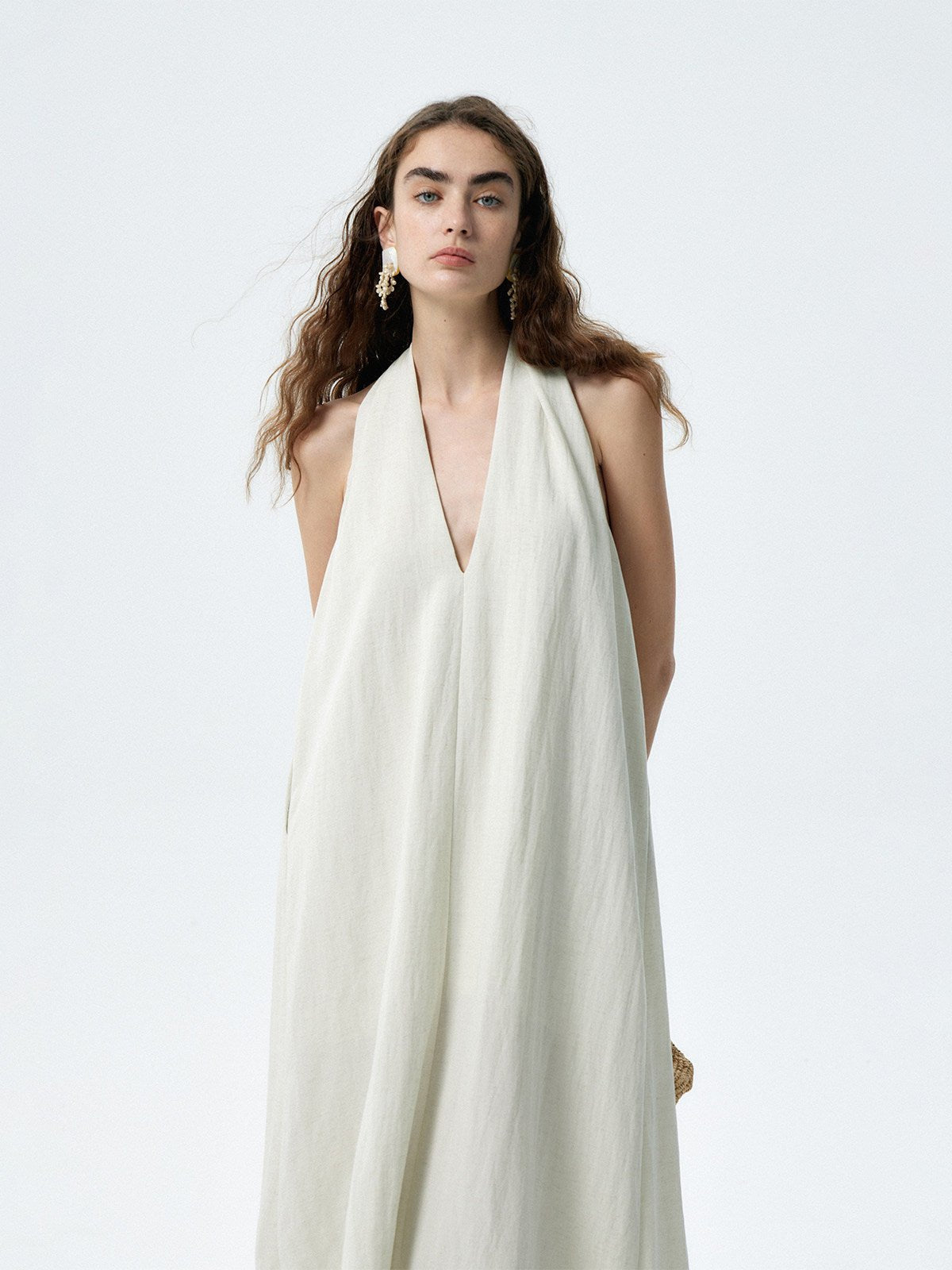 Flowy Halter V - Neck Maxi Dress with Pockets - EveningVerse - 12