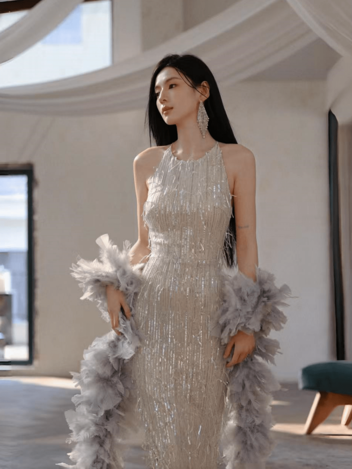 Glamorous Sequin Fringe Halter Maxi Gown - EveningVerse - 2