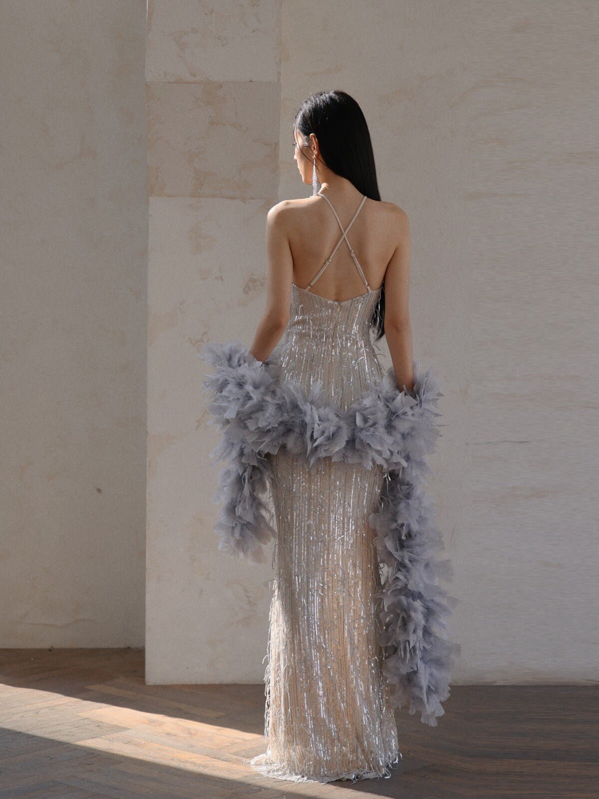 Glamorous Sequin Fringe Halter Maxi Gown - EveningVerse - 3