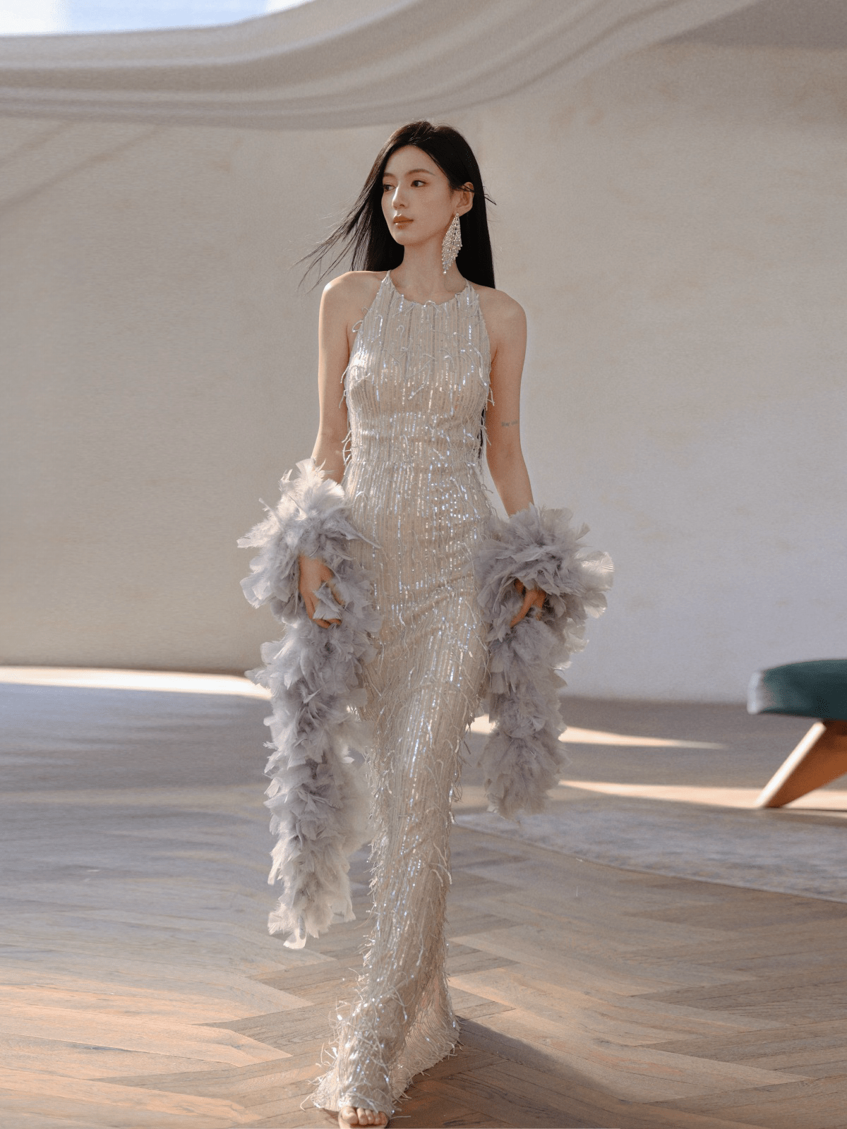Glamorous Sequin Fringe Halter Maxi Gown - EveningVerse - 1 Main image