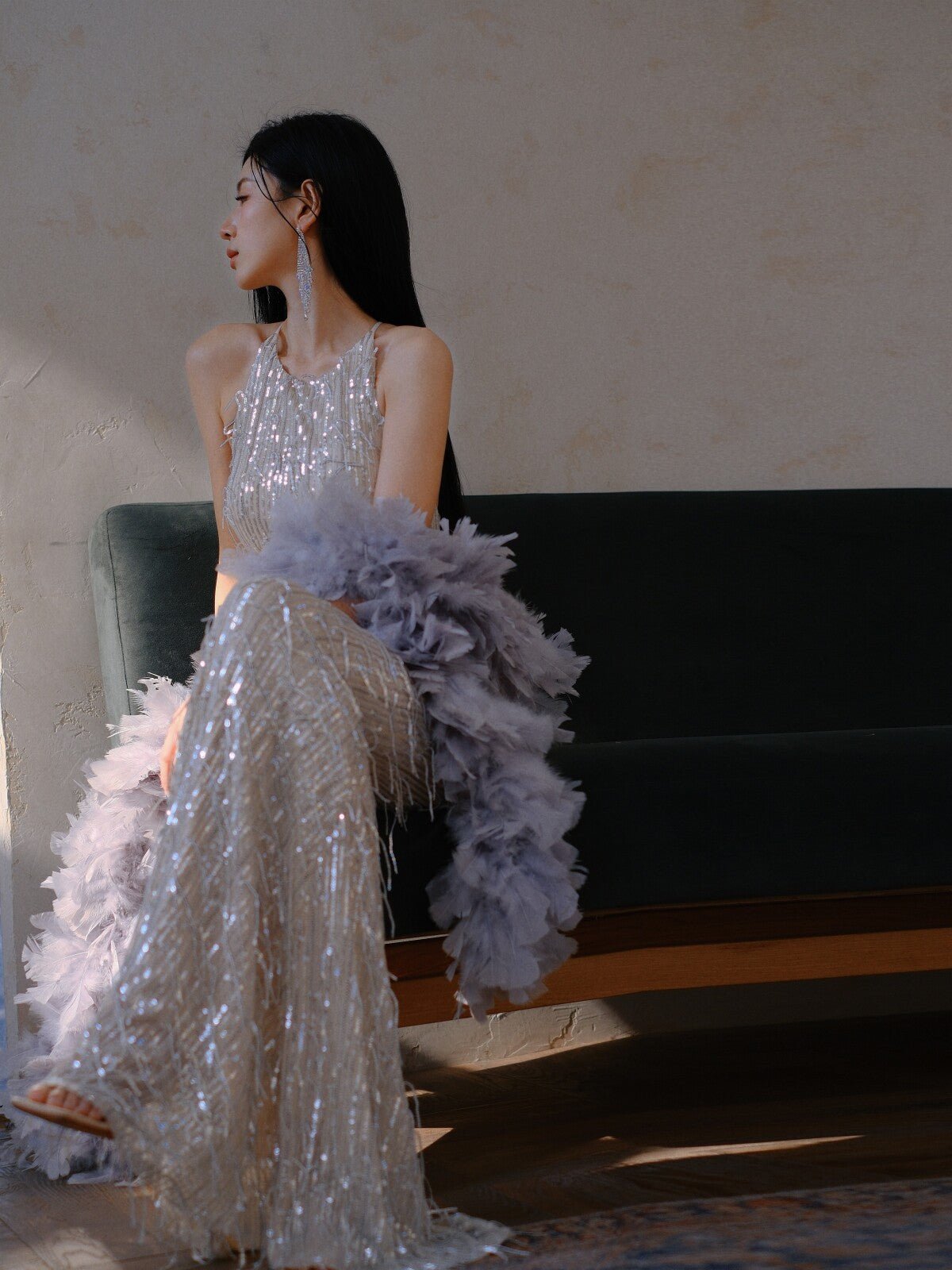 Glamorous Sequin Fringe Halter Maxi Gown - EveningVerse - 4