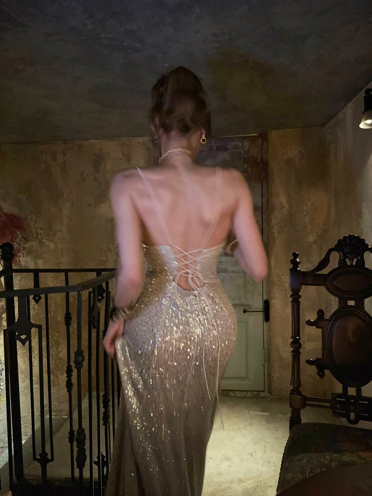 Golden Maxi Dress Sequin Mermaid Sweetheart Lace - up Back - EveningVerse - 4