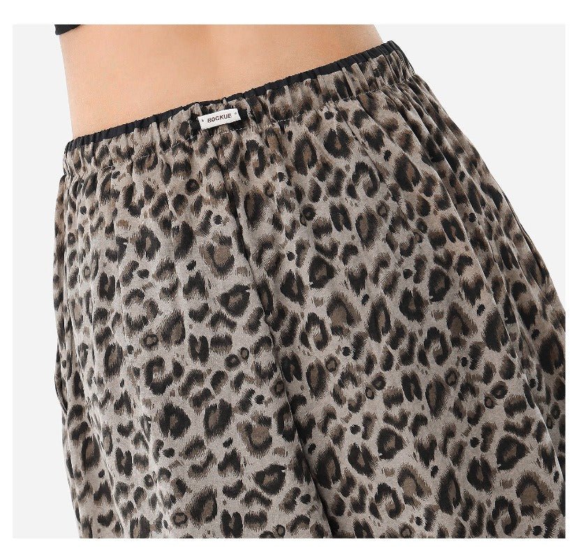 Gray /brown Leopard Print Elastic Waist Wide Leg Casual Pants - EveningVerse - 12