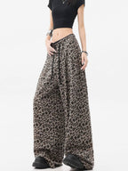 Gray /brown Leopard Print Elastic Waist Wide Leg Casual Pants - EveningVerse - 2
