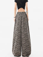 Gray /brown Leopard Print Elastic Waist Wide Leg Casual Pants - EveningVerse - 4