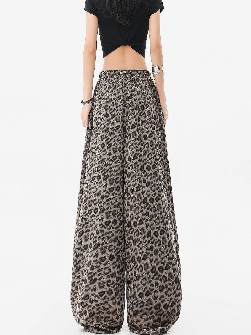 Gray /brown Leopard Print Elastic Waist Wide Leg Casual Pants - EveningVerse - 4