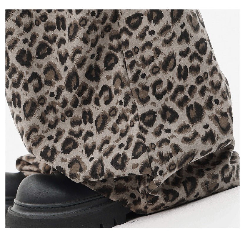 Gray /brown Leopard Print Elastic Waist Wide Leg Casual Pants - EveningVerse - 13