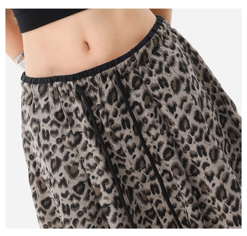 Gray /brown Leopard Print Elastic Waist Wide Leg Casual Pants - EveningVerse - 11