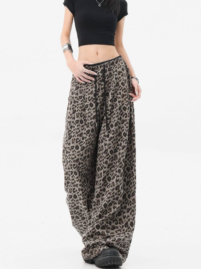 Gray /brown Leopard Print Elastic Waist Wide Leg Casual Pants - EveningVerse - 3
