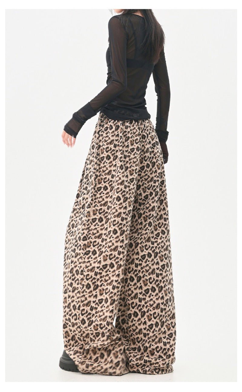 Gray /brown Leopard Print Elastic Waist Wide Leg Casual Pants - EveningVerse - 9