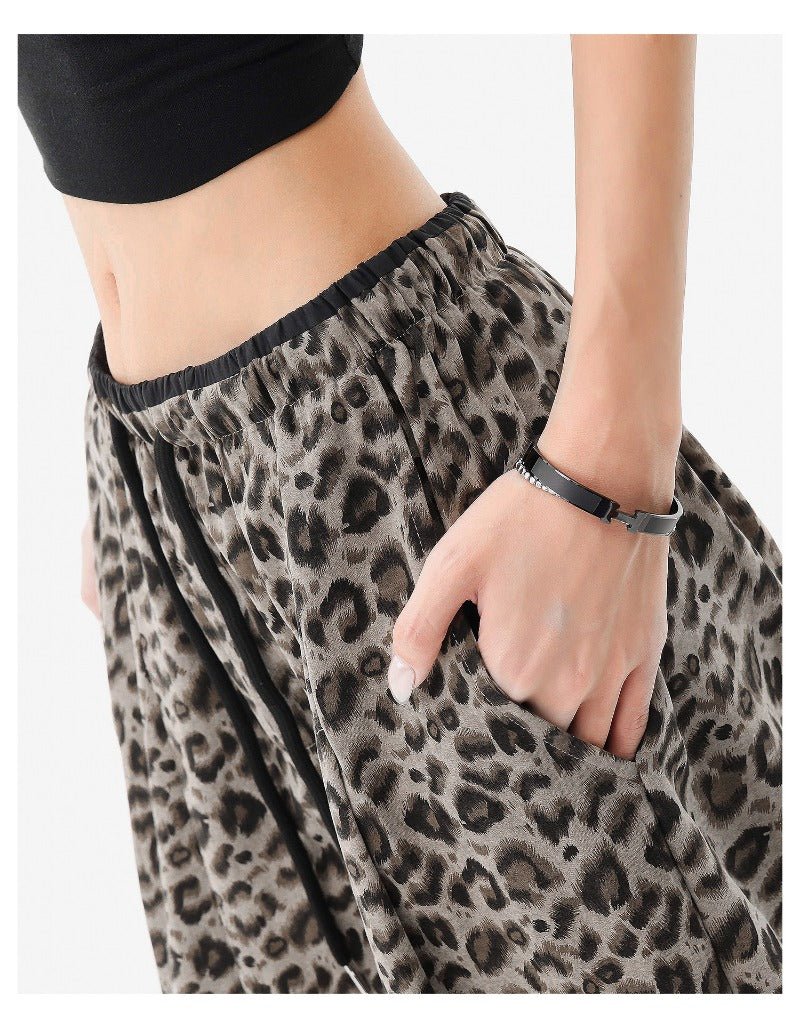 Gray /brown Leopard Print Elastic Waist Wide Leg Casual Pants - EveningVerse - 5